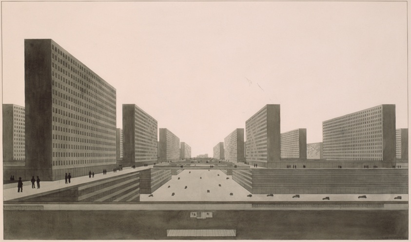 Highrise City (Hochhausstadt): Perspective View: North-South Street by Ludwig Karl Hilberseimer